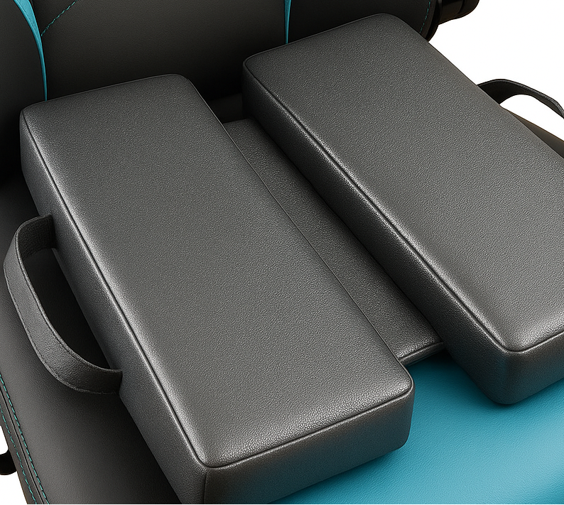 Metallic charcoal ergonomic support cushions placed on a black and turquoise gaming chair
