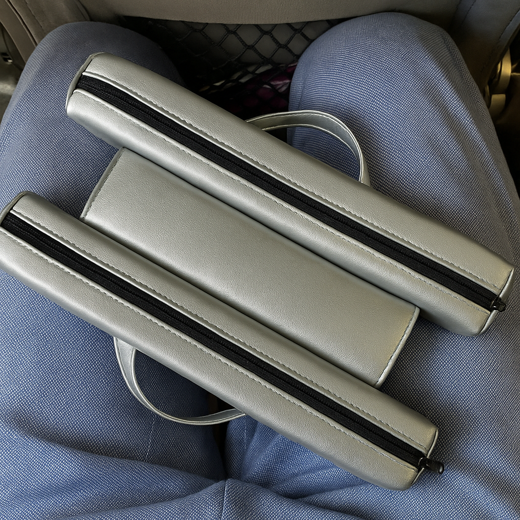 SunCloud® travel seat cushion shown folded with carry handle, highlighting best uses and material options for comfort on the go