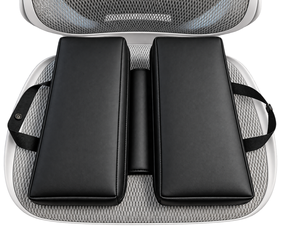 SunCloud black faux leather Travel Seat Cushion with center pressure-relief channel on an office chair.