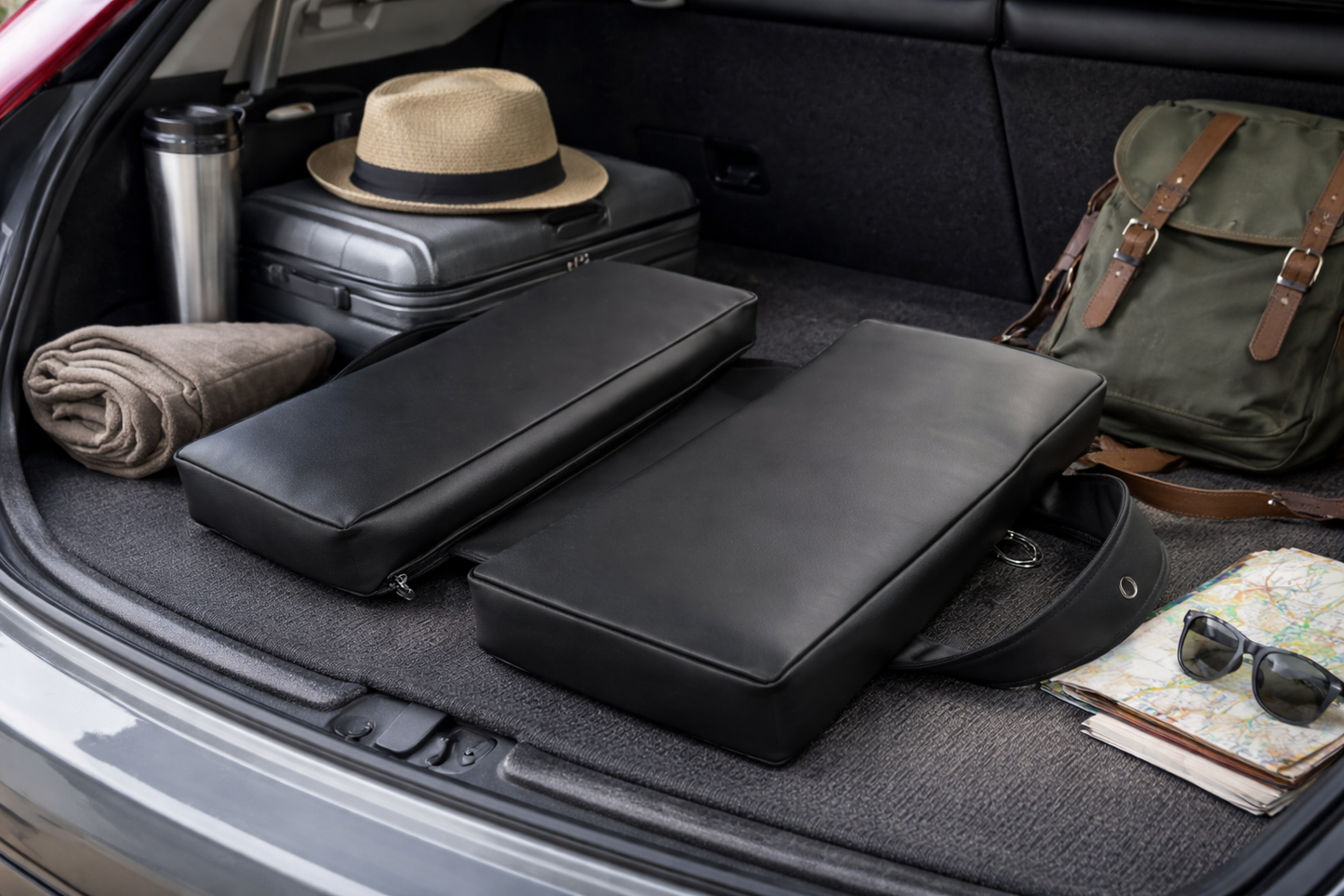 Black luxury travel seat cushion by SunCloud displayed in a car trunk with luggage, designed for portable comfort in cars and airplanes