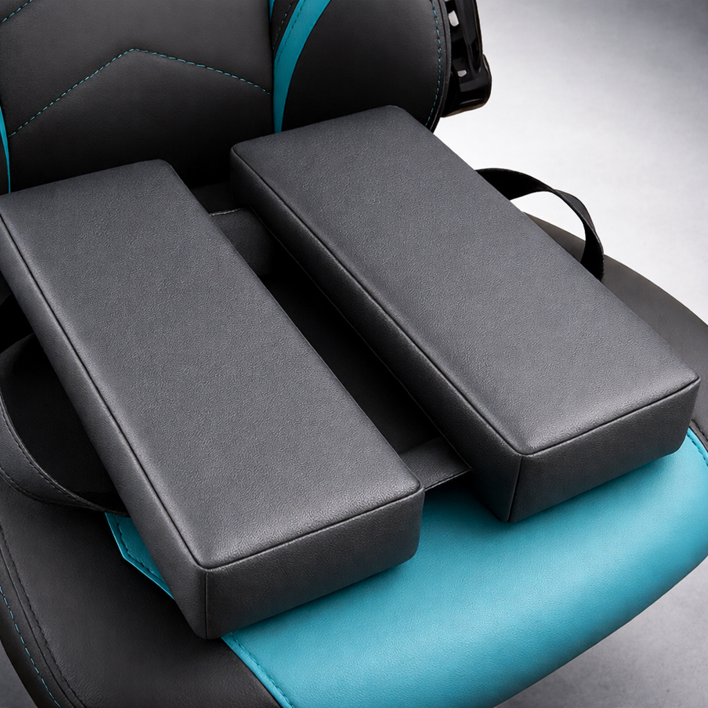 SunCloud® foldable travel seat cushion in black faux leather placed on a car seat, designed for pelvic support and tailbone pain relief during driving and long sitting.