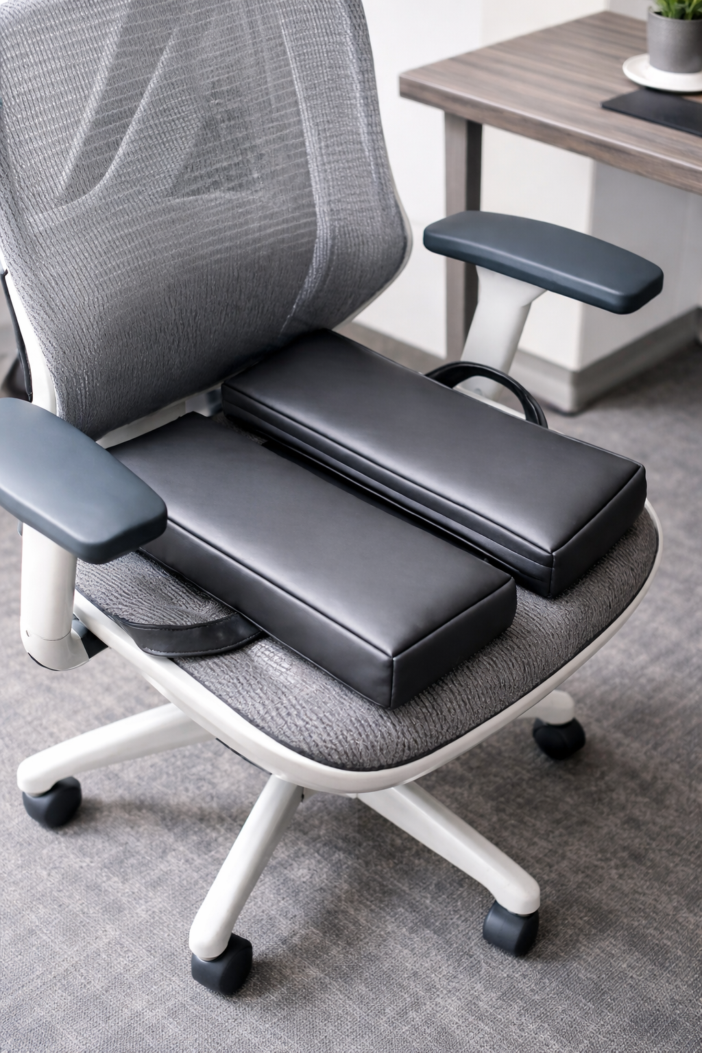 SunCloud ergonomic seat cushions displayed on chairs promoting pelvic comfort, tailbone protection, and spinal support in office setting