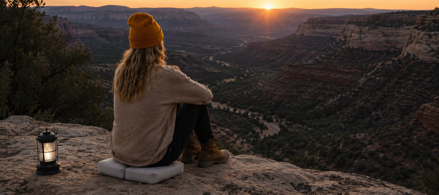 Woman sitting on a SunCloud travel seat cushion outdoors at sunset