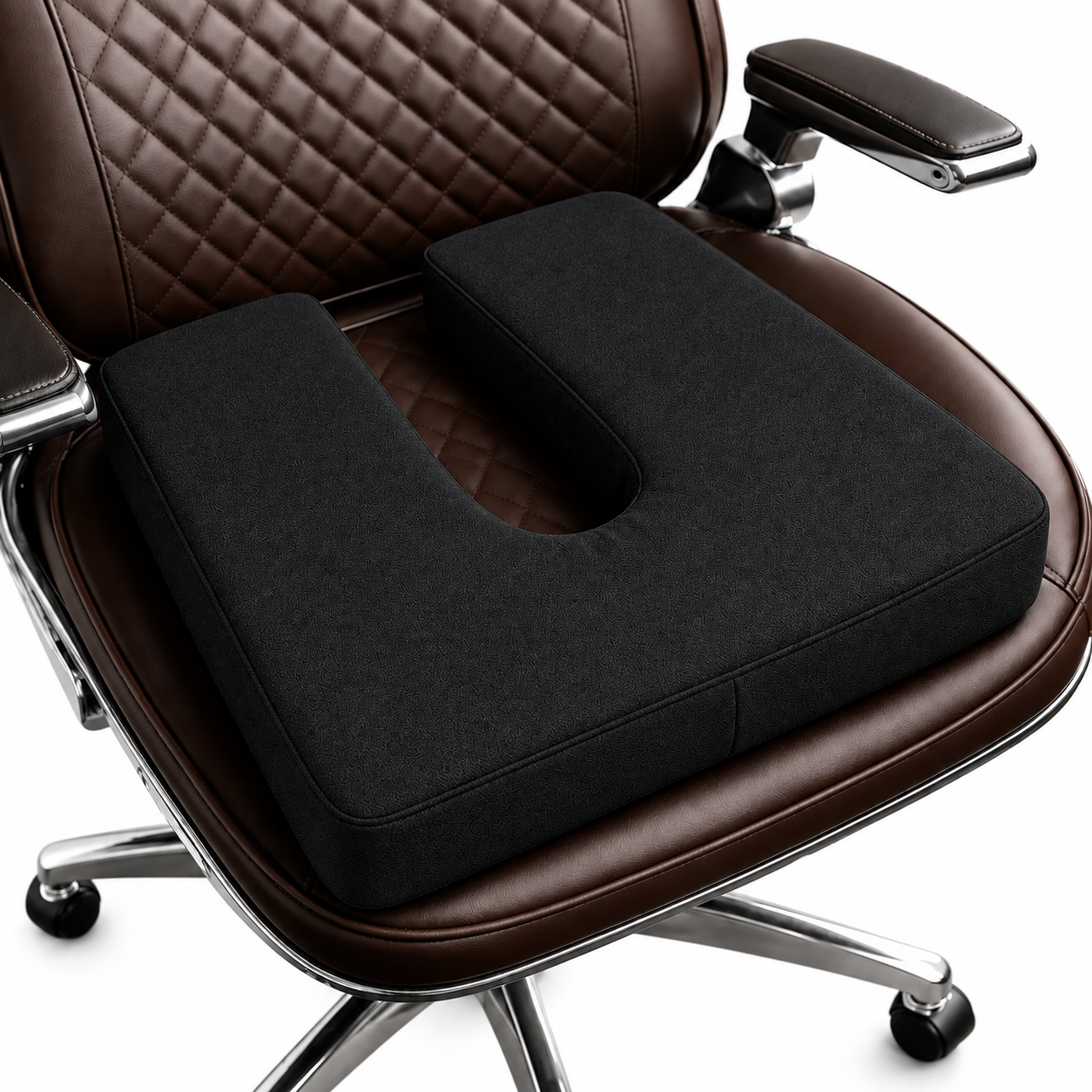 Black SunCloud U-Shape coccyx seat cushion in performance fabric on an office chair for tailbone pressure relief and sitting comfort.
