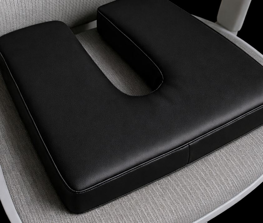 Black U-shaped SunCloud® coccyx cushion in faux leather, designed to relieve tailbone and pelvic pressure with ergonomic support