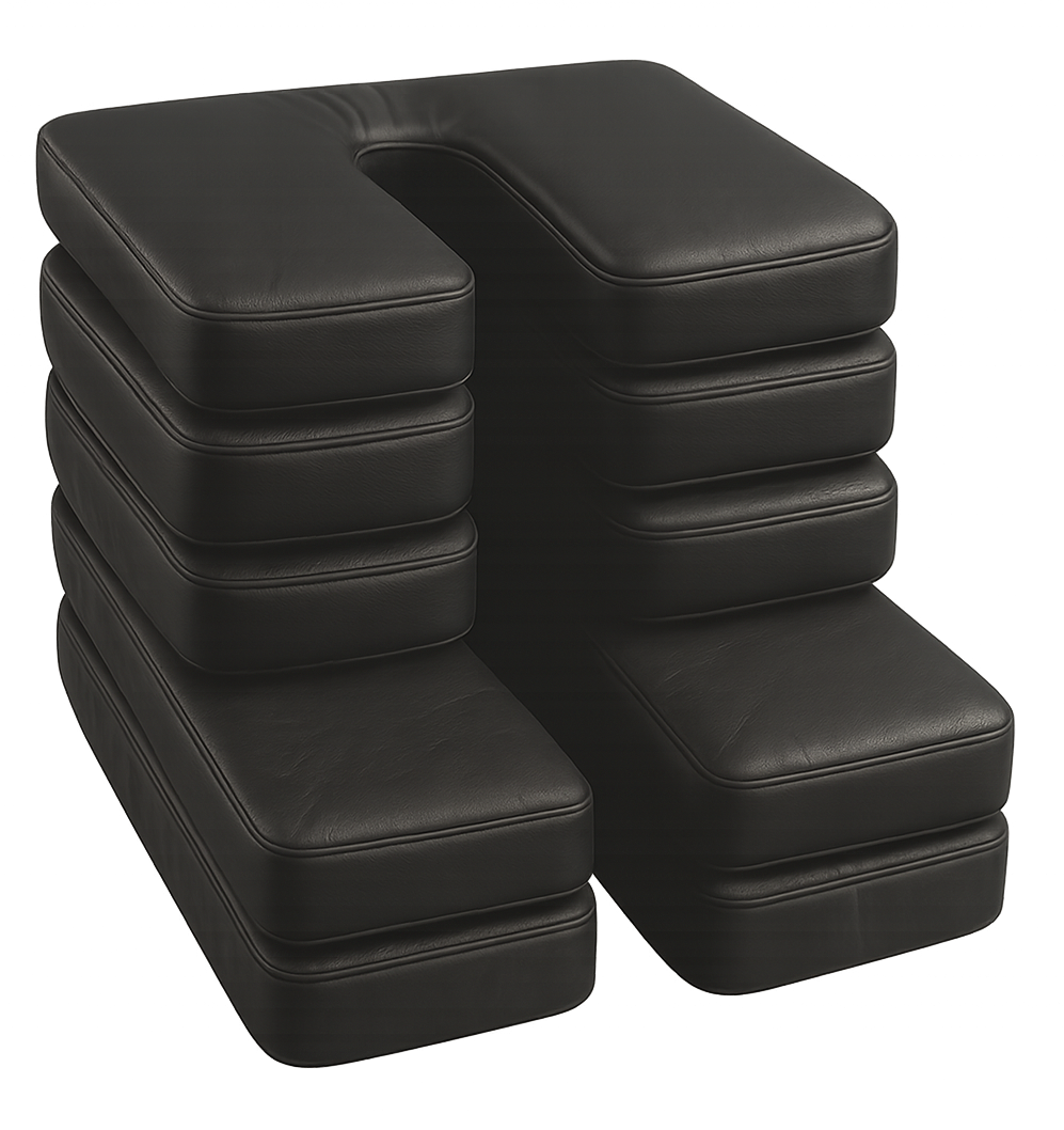 Stack of black leather office chairs on a white background