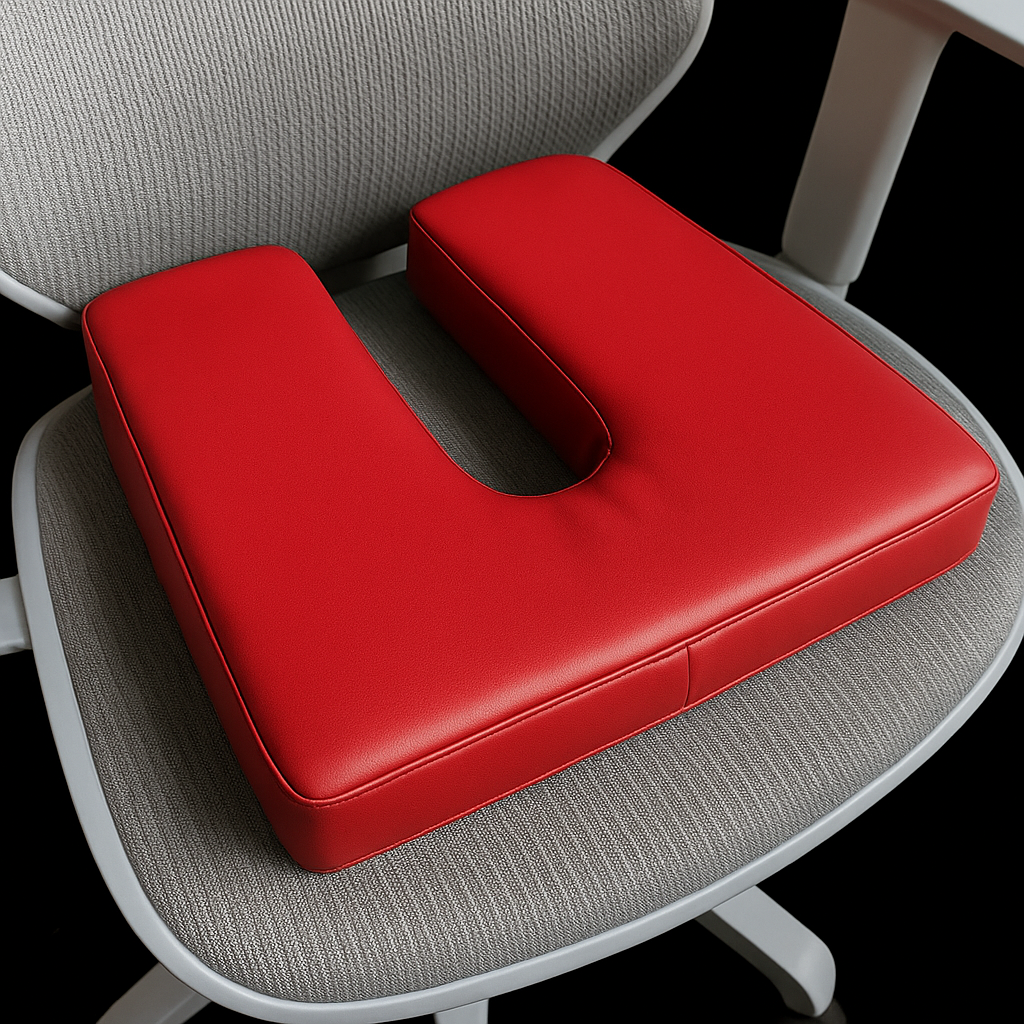 SunCloud® red U-shaped faux leather coccyx cushion for tailbone and pelvic pain relief, ideal for office, home, or travel.
