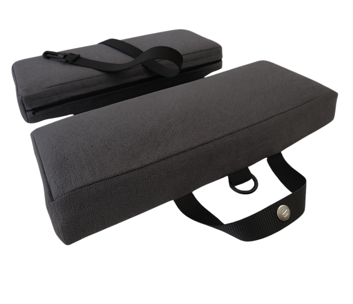 SunCloud® Travel Cushion made from slate performance fabric, featuring an ergonomic cutout for tailbone and pelvic pain relief—ideal for travel, work, and everyday comfort.