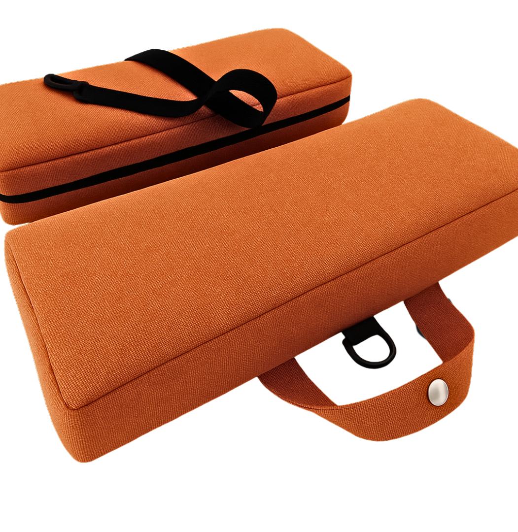 SunCloud® Travel Cushion made from tangelo performance fabric, featuring an ergonomic cutout for tailbone and pelvic pain relief—ideal for travel, work, and everyday comfort.