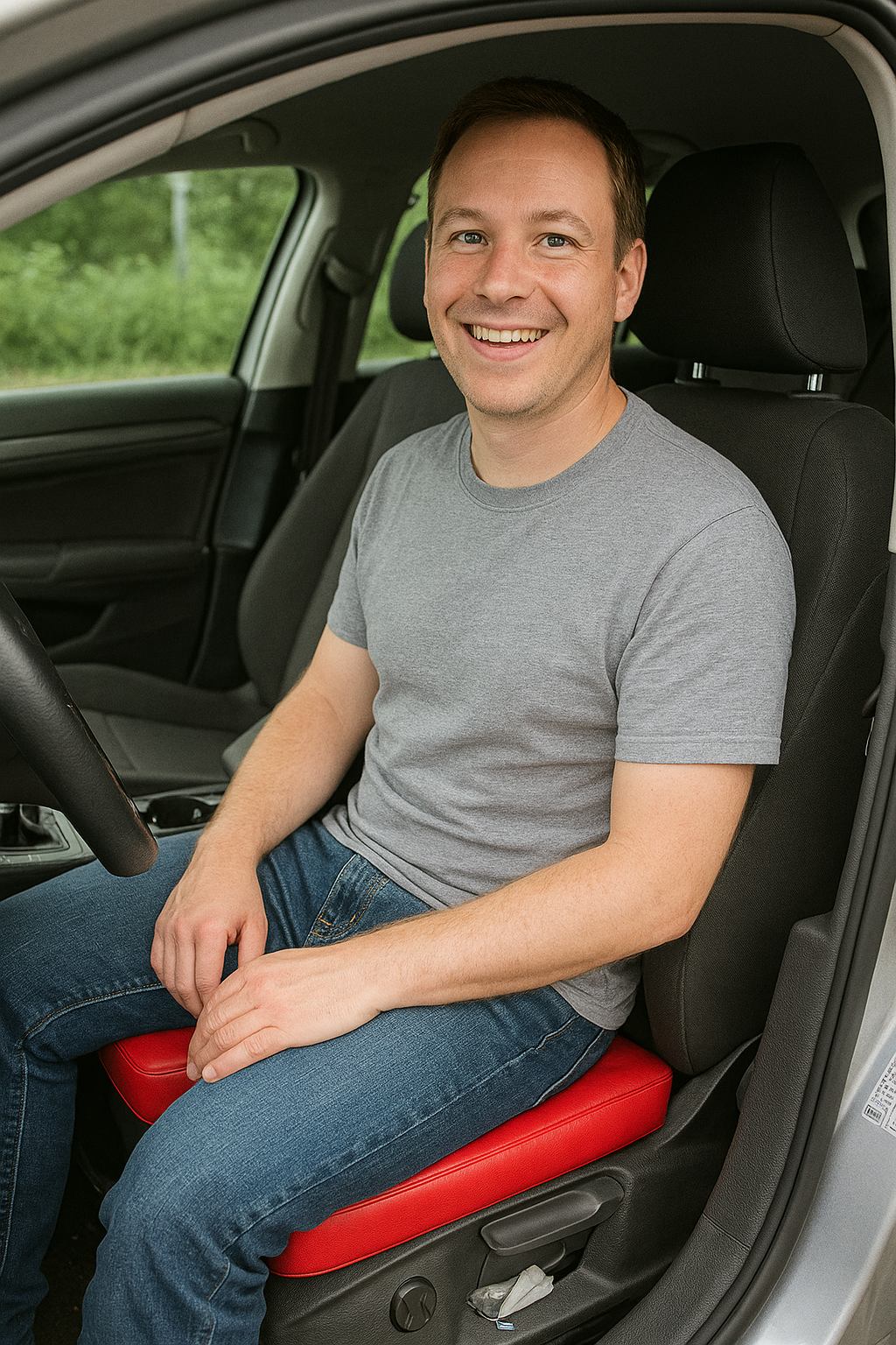 Man sitting in his car using a SunCloud® red U-shaped seat cushion for tailbone and pelvic pain relief, ergonomic travel cushion for driving comfort.
