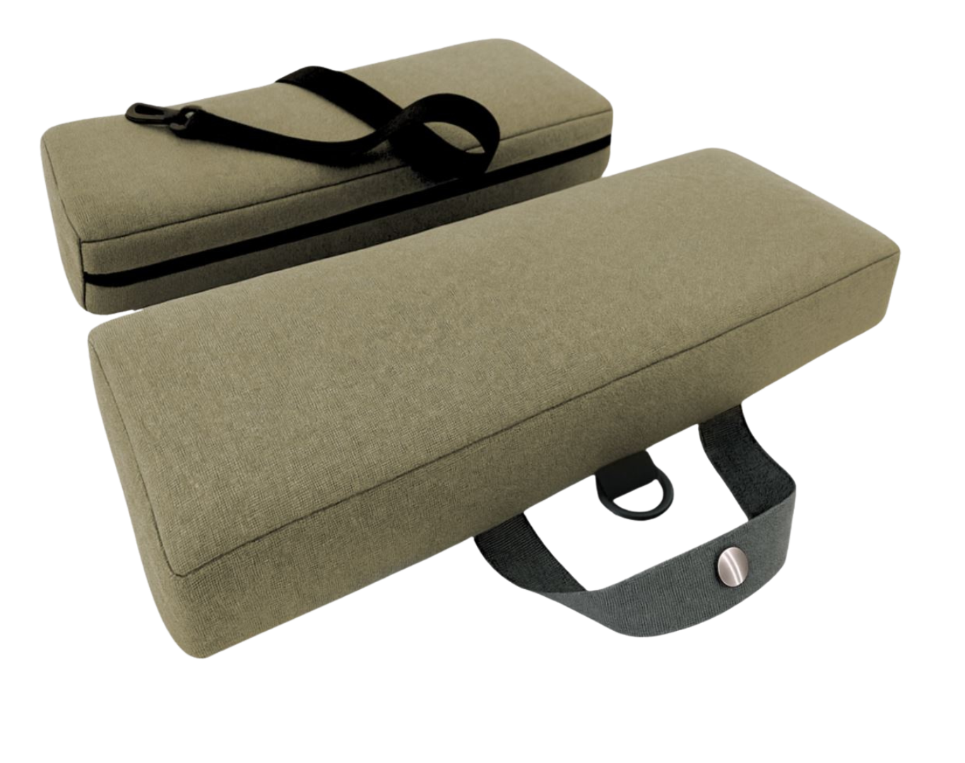 SunCloud® Sandalwood Travel Cushion in performance fabric, featuring removable cover and adjustable strap with D-ring for secure seating and tailbone/pelvic pain relief.