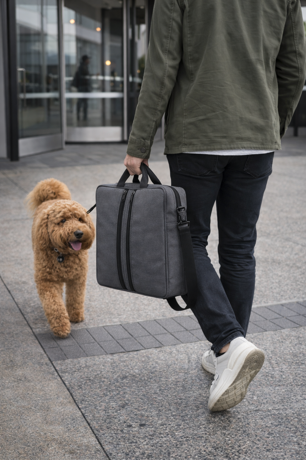 Gray travel carry case for seat cushions constructed from water-resistant fabric with structured shape and handles